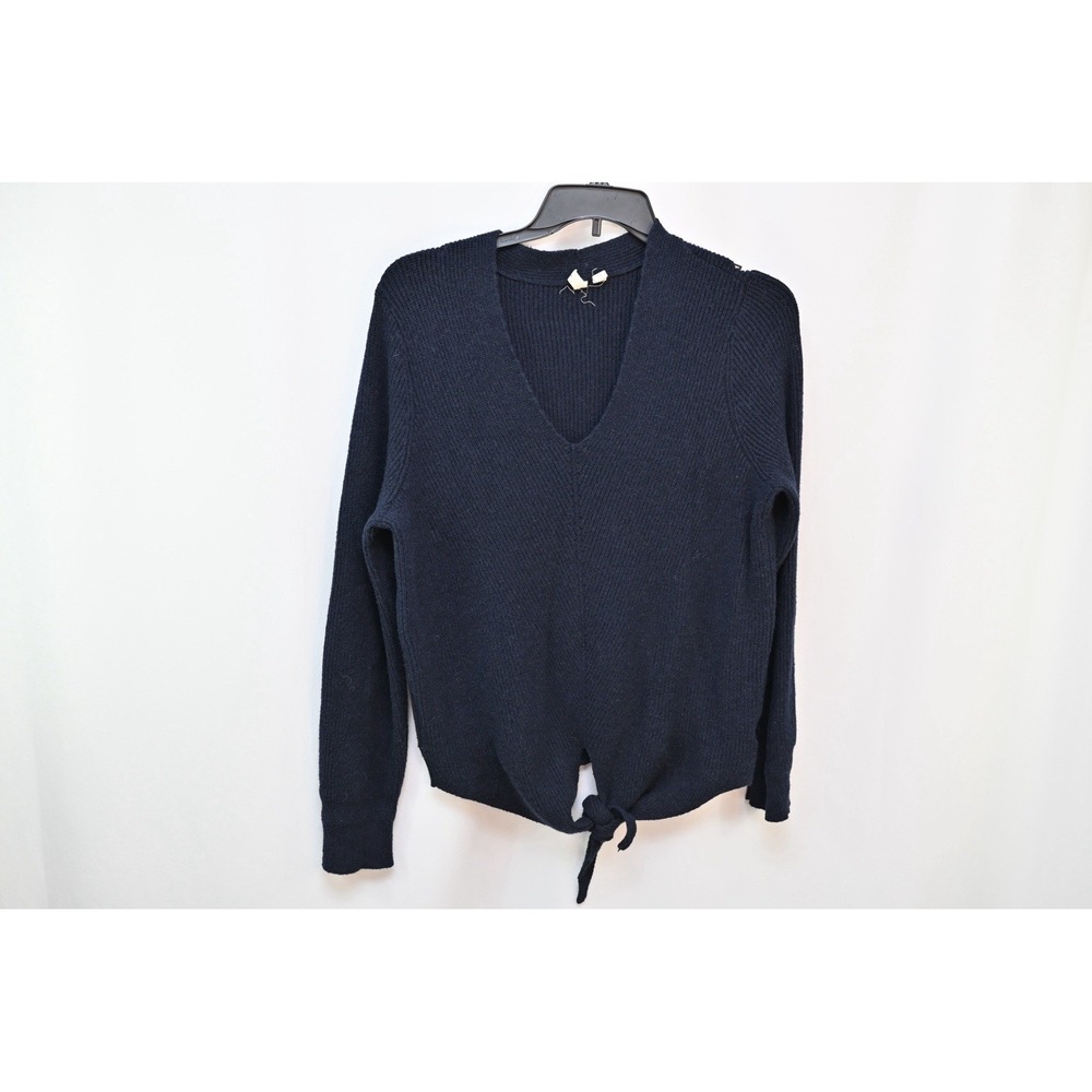 Anthropologie Moth Navy Blue V-Neck Ribbed Front Tie Knot Sweater XL